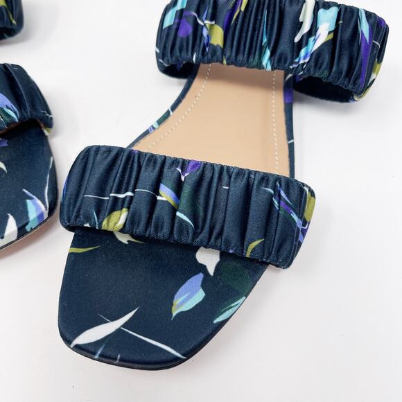 Lewit Size 36.5 Navy Blue Elena Floral Square Toe Sandals Satin Slide Ruched 6.5 - Picture 4 of 13